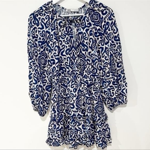 Zara printed blue and white boho balloon sleeve mini dress - Picture 2 of 12
